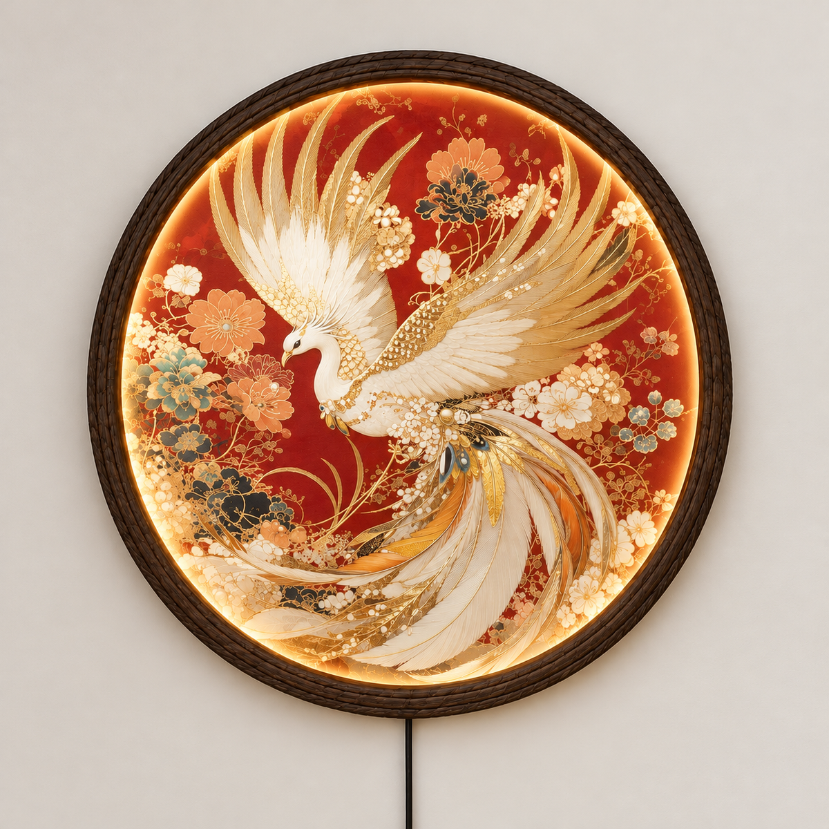 Round LED Phoenix Wall Lamp, Golden Bird Illuminated Wall Art, Oriental Floral Home Decor