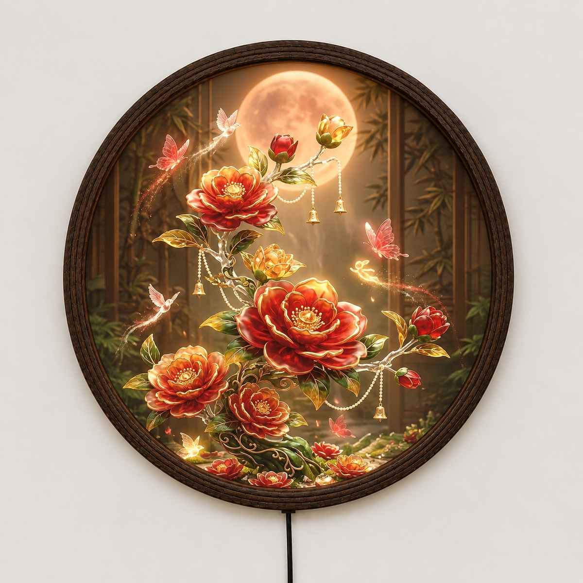 Round LED Wall Lamp with Red Floral Art, Moonlight Design, Wooden Frame, Modern Decorative Wall Light