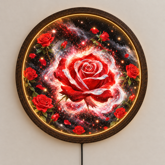 Cosmic Red Rose LED Wall Lamp – Round Illuminated Floral Wall Art for Modern Home Decor