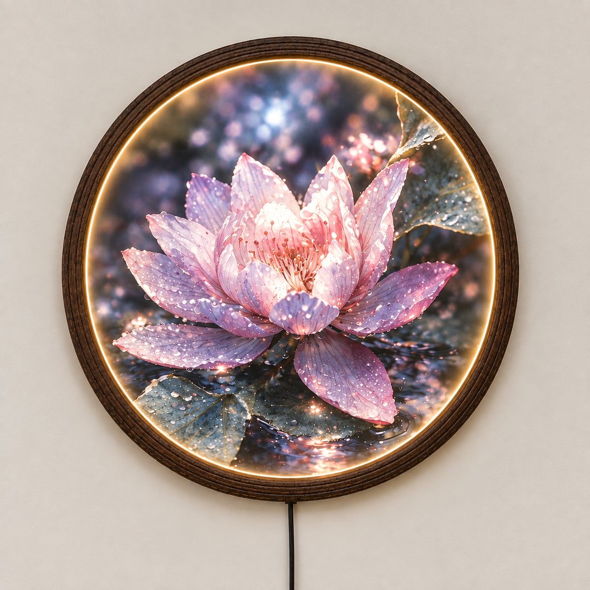 Lotus Flower LED Round Wall Art – Illuminated Floral Wall Decor