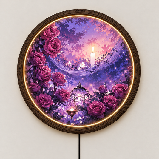 Dreamy Purple Rose LED Wall Light, Round Floral Wall Art Lamp, Romantic Garden Home Decor