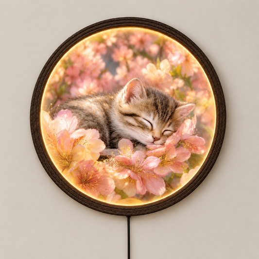 Sleeping Cat Cherry Blossom LED Wall Art – Round Illuminated Home Decor