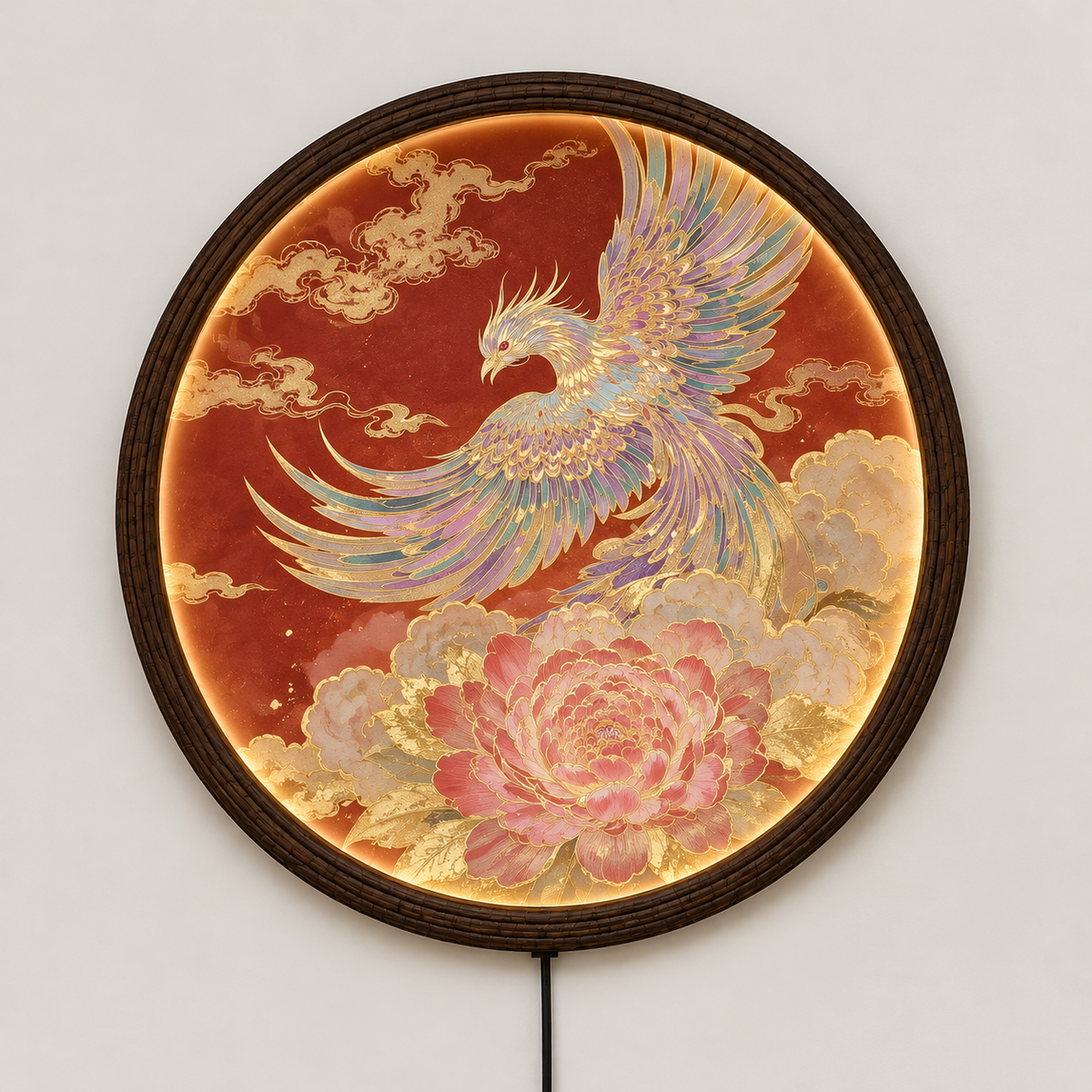 Round Phoenix LED Wall Lamp with Peony Floral Art, Oriental Luxury Illuminated Wall Decor