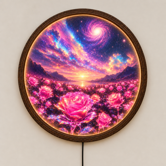 Round LED Galaxy Flower Wall Art, Glowing Pink Rose Light, Cosmic Floral Wall Decor