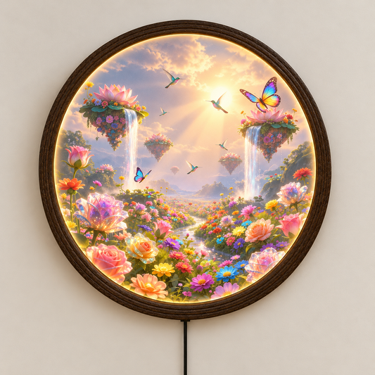 Enchanted Garden Illuminated Round Wall Art – LED Light Painting Frame with Floating Lotus & Butterflies