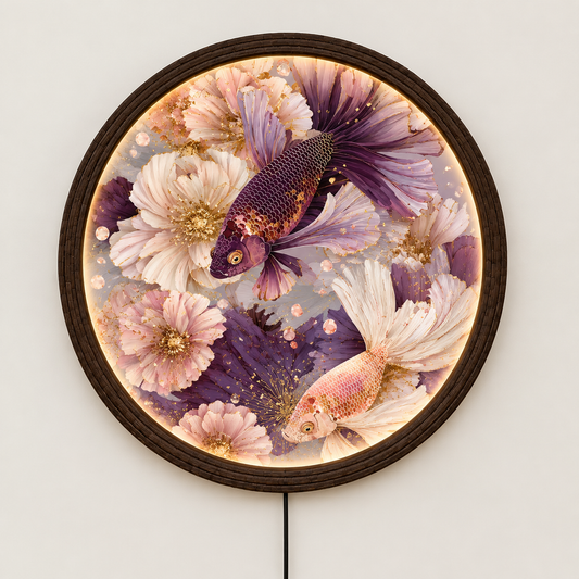 Round LED Koi Fish Wall Art with Peony Flowers, Japanese Inspired Illuminated Wall Decor