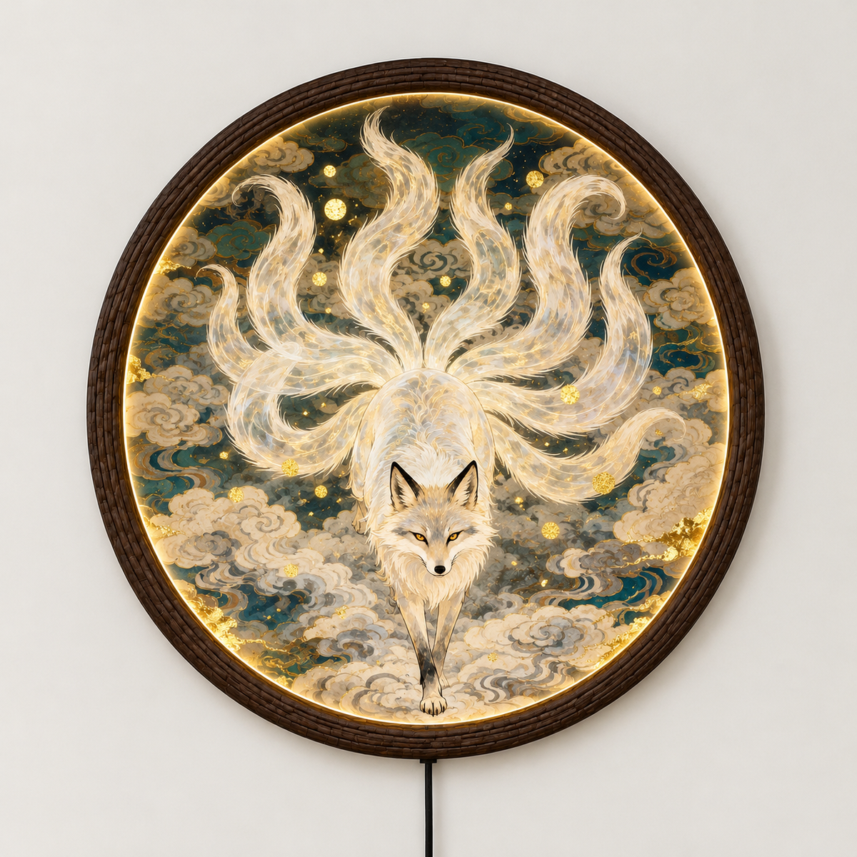 Mythical Nine-Tailed Kitsune Fox LED Illuminated Wall Art - Round Asian Inspired Glowing Wall Decor