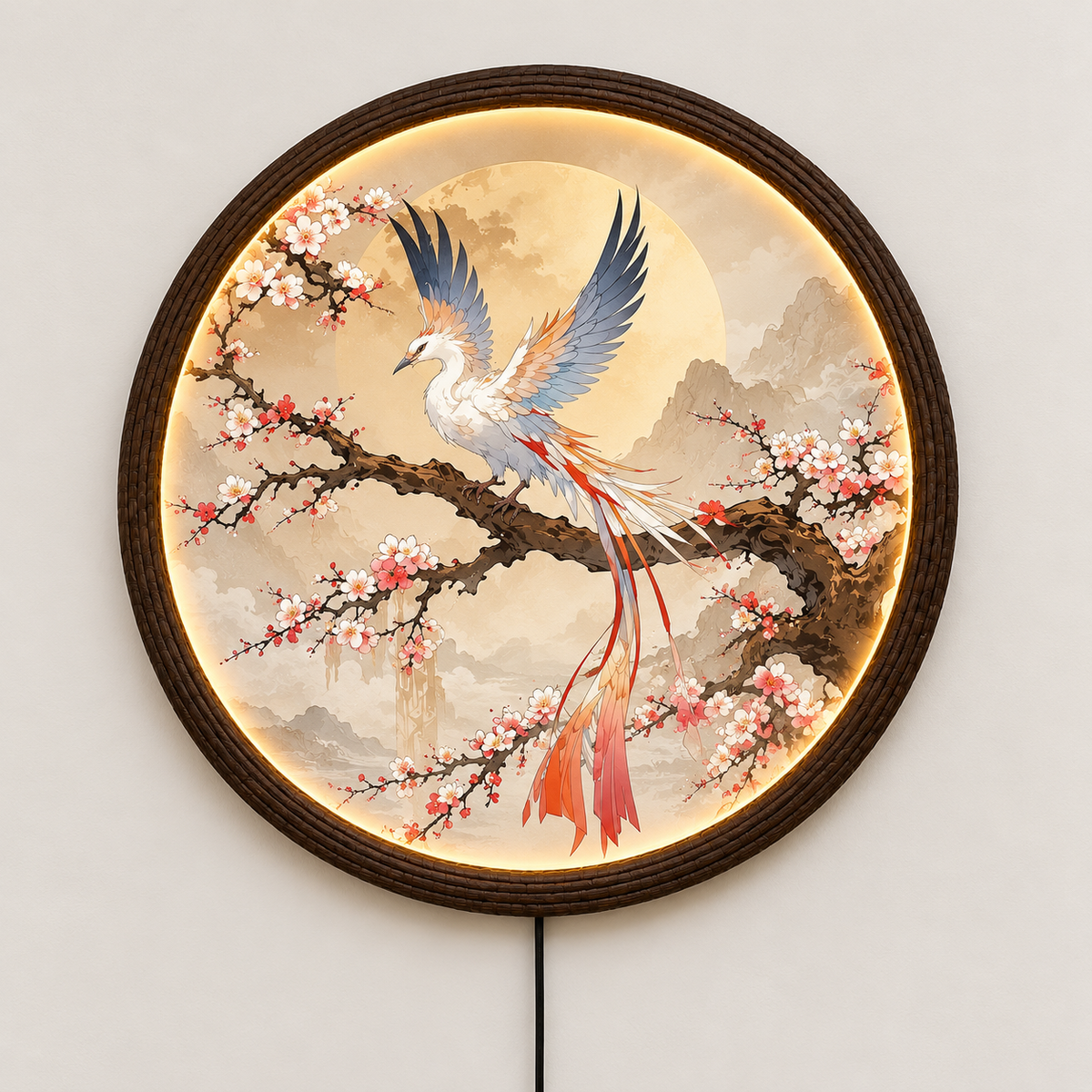 Luminous Phoenix & Cherry Blossom LED Round Wall Art – Oriental Illuminated Home Decor