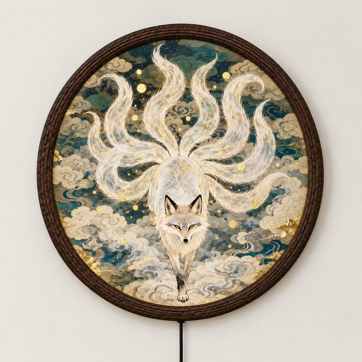 Mythical Nine-Tailed Kitsune Fox LED Illuminated Wall Art - Round Asian Inspired Glowing Wall Decor