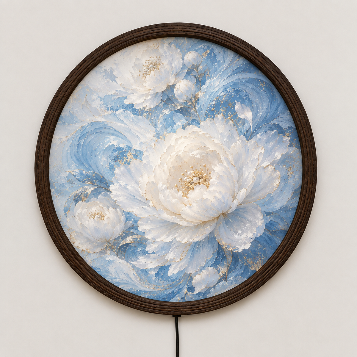 Illuminated Floral Wall Art – Blue & White Peony LED Round Wall Decor