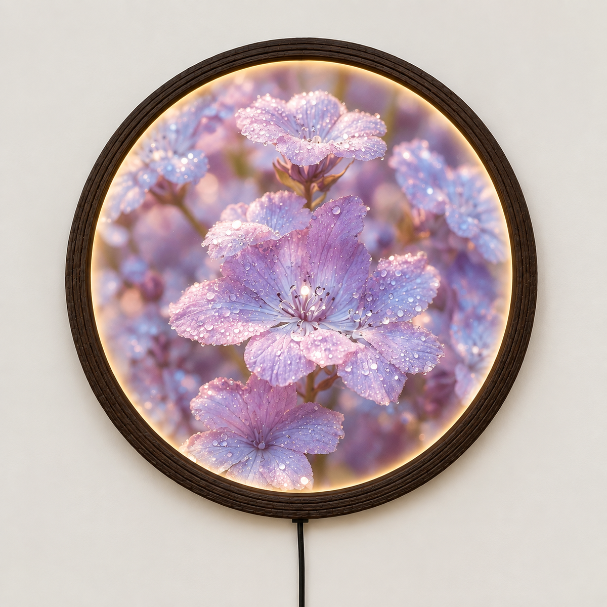 Lavender Dew Floral LED Wall Art – Round Illuminated Flower Wall Decor