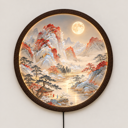 Round LED Mountain Landscape Wall Lamp, Japanese Moonlight Scenery Light, Oriental Wooden Frame Wall Art, Asian Inspired Home Decor