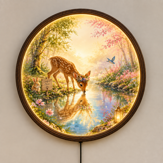 Deer by the Stream LED Wall Art – Round Illuminated Nature Wall Decor