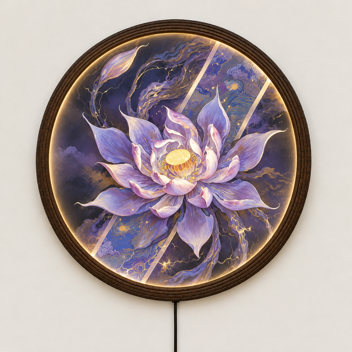 Purple Lotus LED Wall Art - Illuminated Round Floral Light Painting for Living Room & Sacred Space