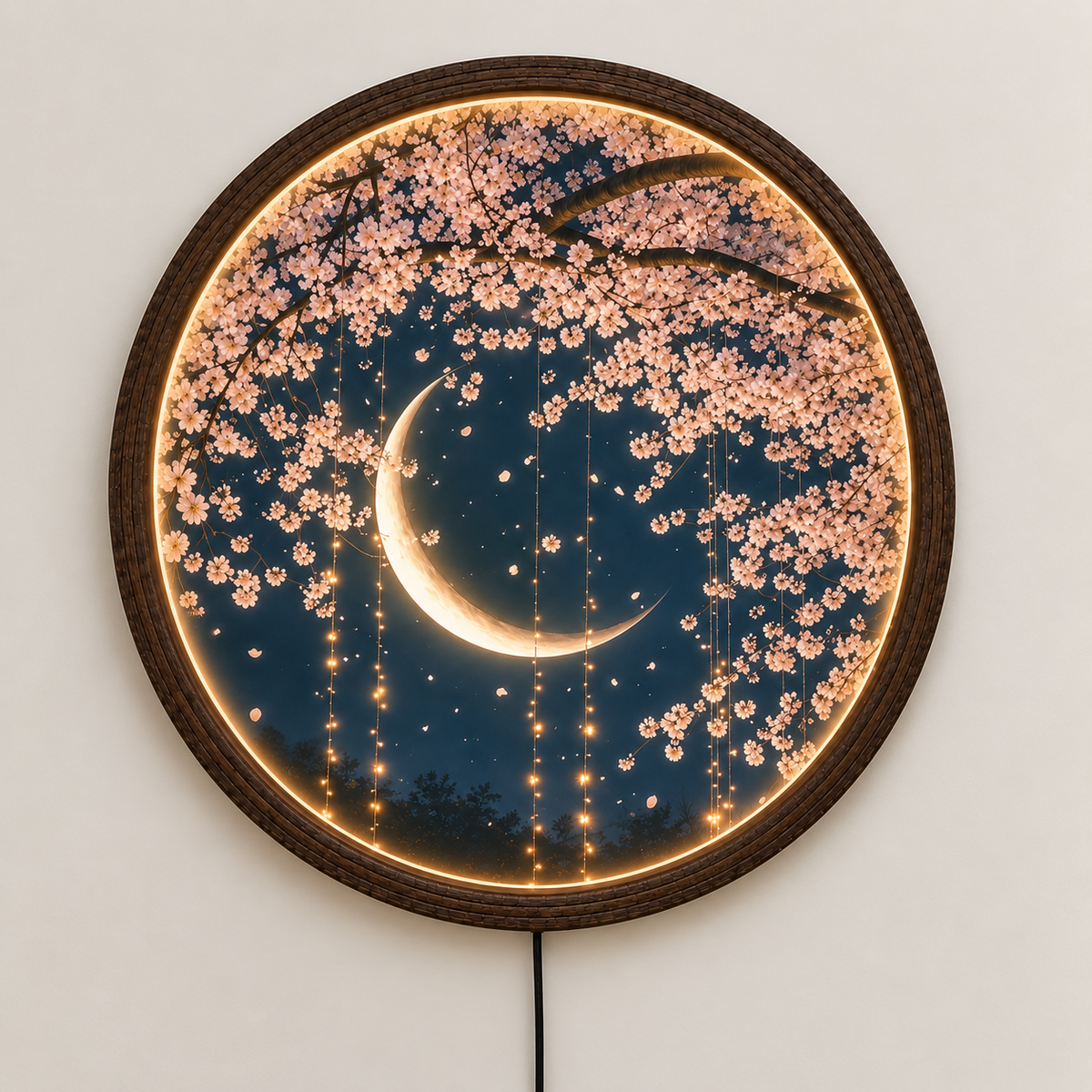 Illuminated Cherry Blossom Moon Wall Art – Round LED Lighted Wall Decor