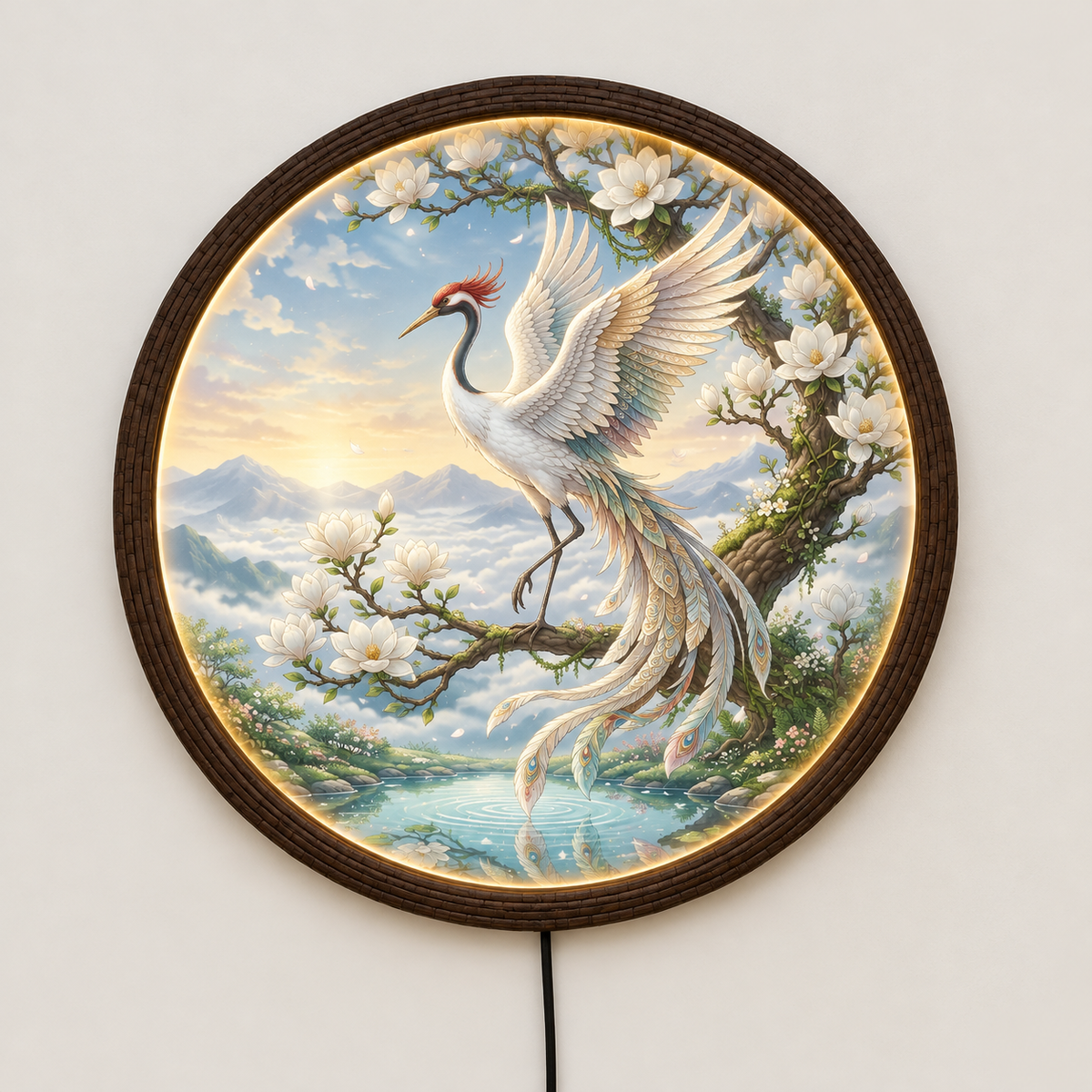 Round LED Crane Wall Art – Japanese-Inspired Floral Illuminated Wall Decor
