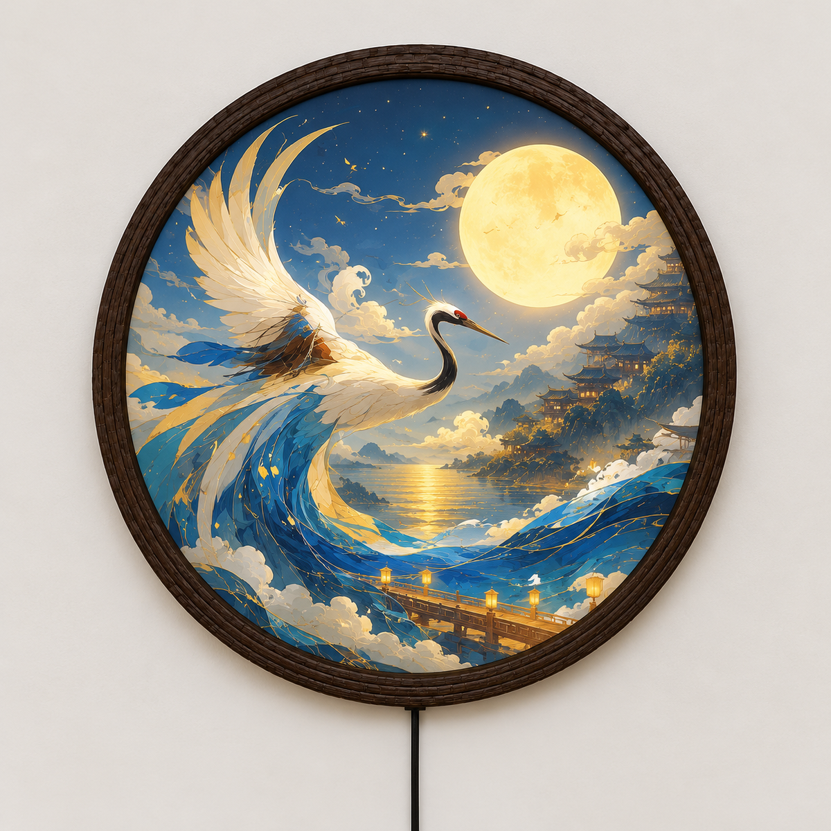 Japanese Crane Under Full Moon LED Wall Art – Illuminated Round Wooden Frame Light Box Decorative Sign