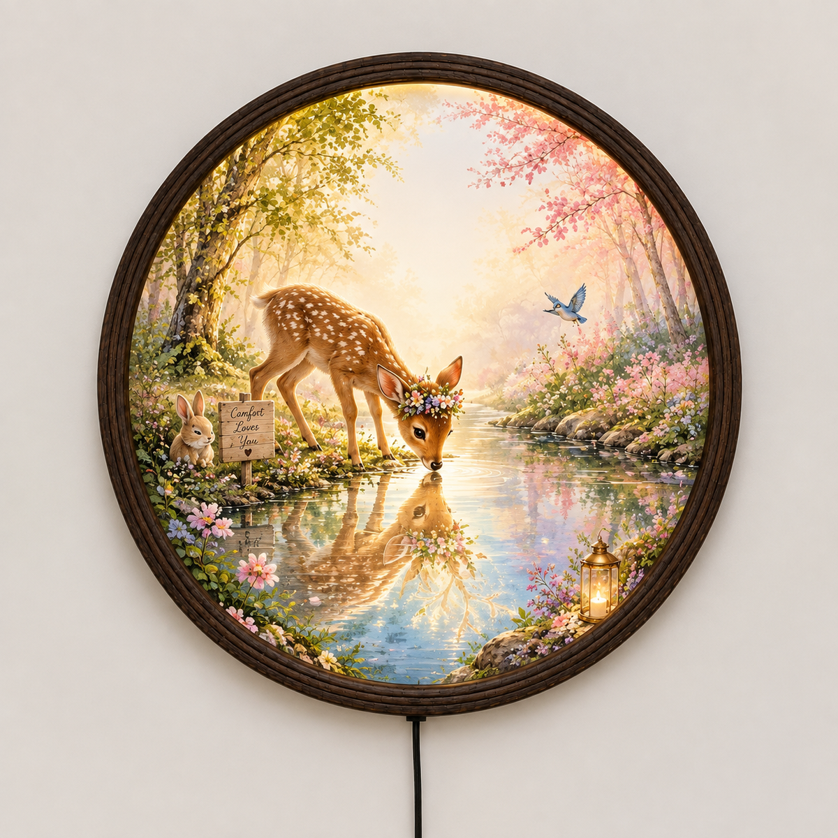 Deer by the Stream LED Wall Art – Round Illuminated Nature Wall Decor