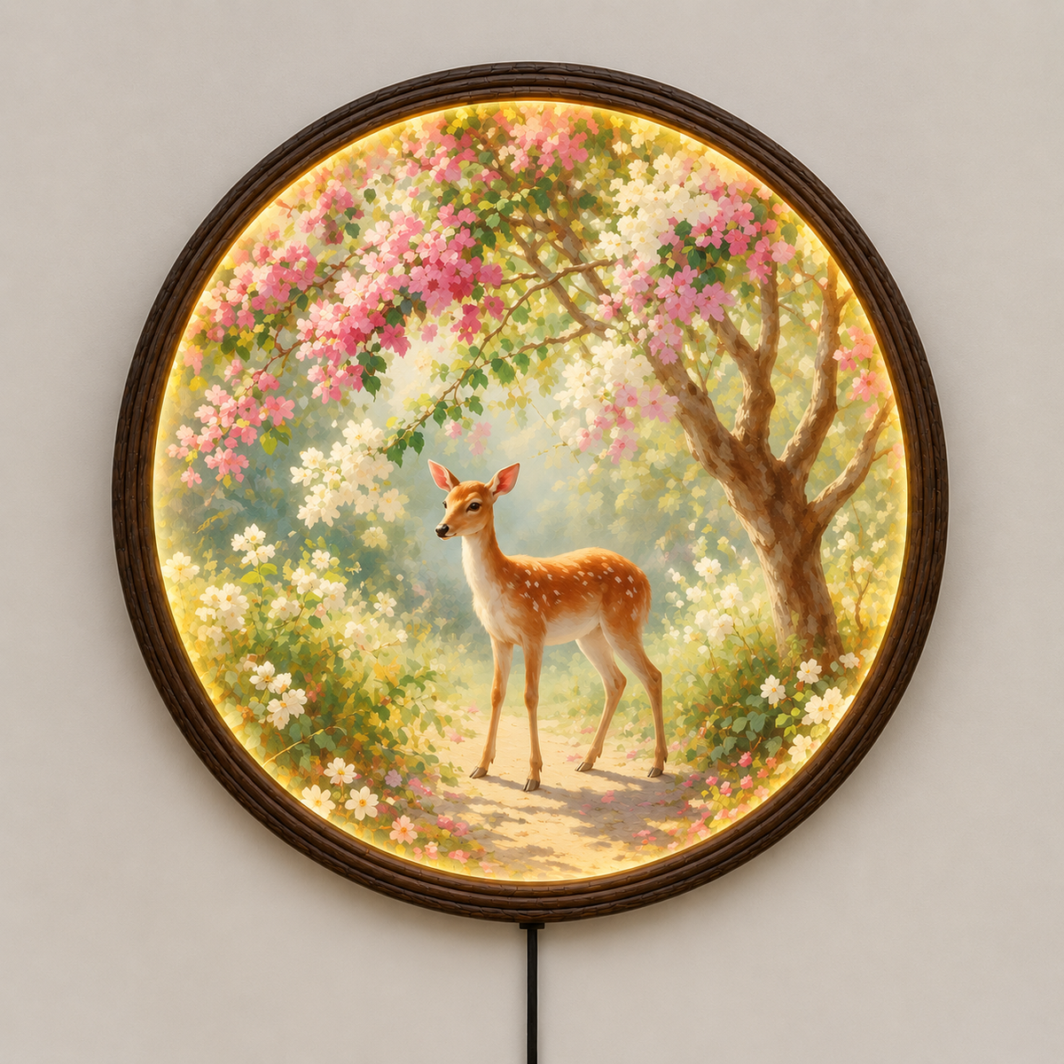 Illuminated Deer Garden Round Wall Art – LED Lighted Nature Wall Decor