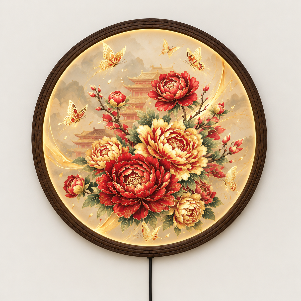 Glowing Peony Flower LED Wall Lamp – Round Floral Lighted Wall Art for Elegant Home Decor