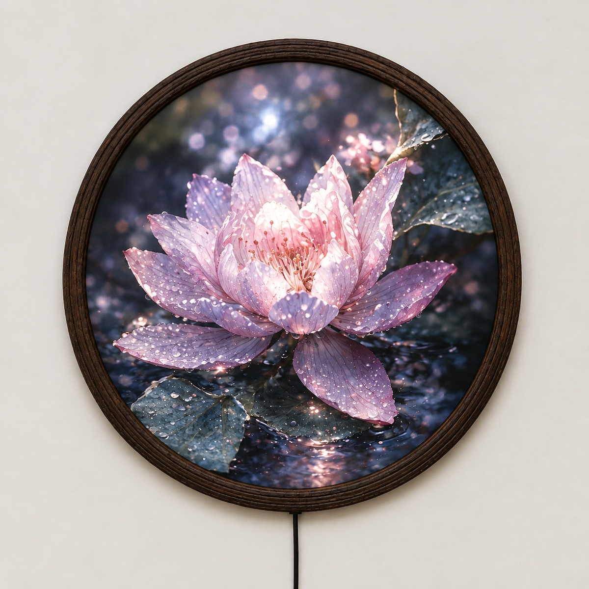 Lotus Flower LED Round Wall Art – Illuminated Floral Wall Decor