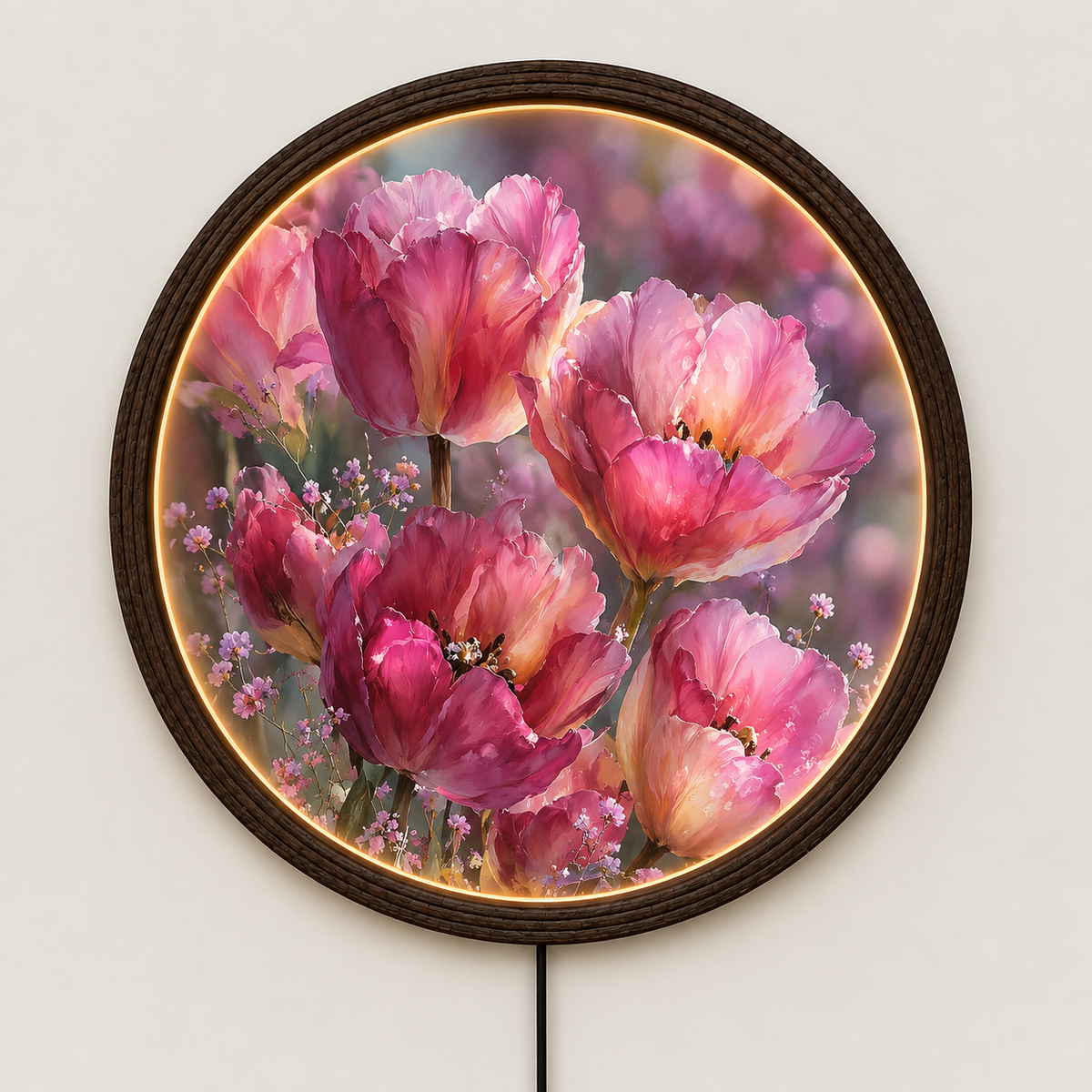 Round LED Floral Wall Art, Pink Tulip Illuminated Wall Decor