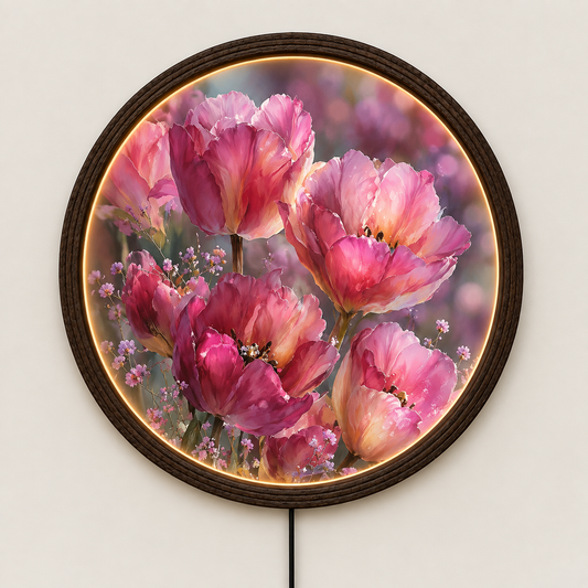 Round LED Floral Wall Art, Pink Tulip Illuminated Wall Decor