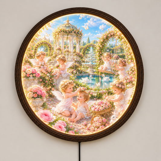Angel Garden LED Round Wall Art – Illuminated Floral Nursery & Home Decor