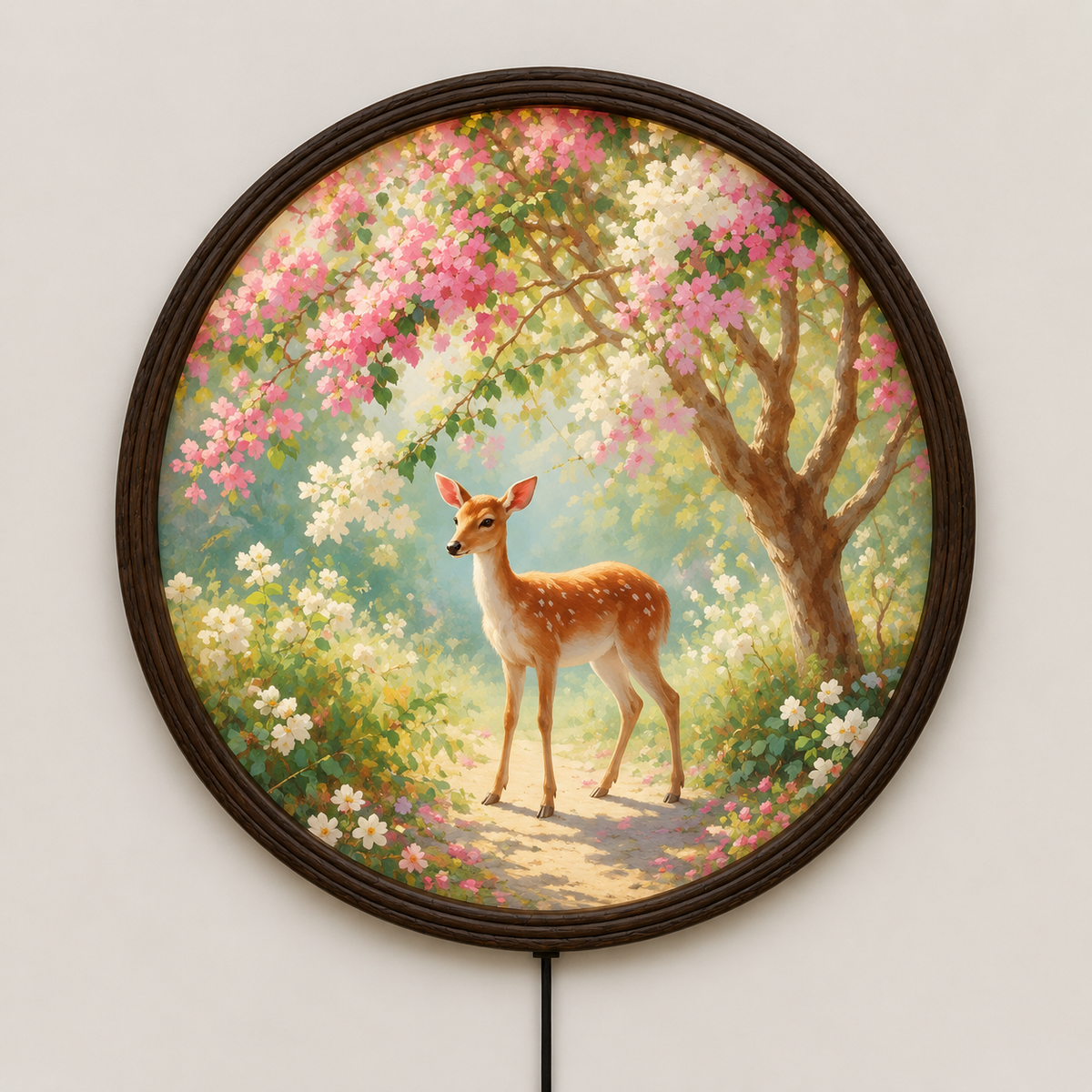 Illuminated Deer Garden Round Wall Art – LED Lighted Nature Wall Decor