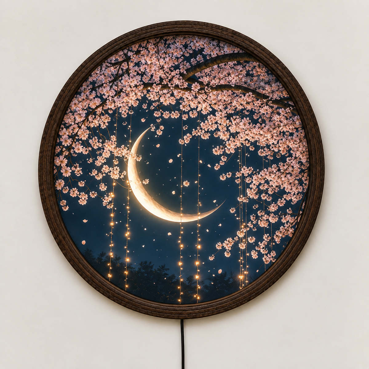 Illuminated Cherry Blossom Moon Wall Art – Round LED Lighted Wall Decor