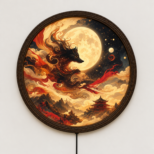 Mystical Nine-Tailed Fox Under Full Moon LED Wall Light – Illuminated Japanese Kitsune Round Wall Art Decor