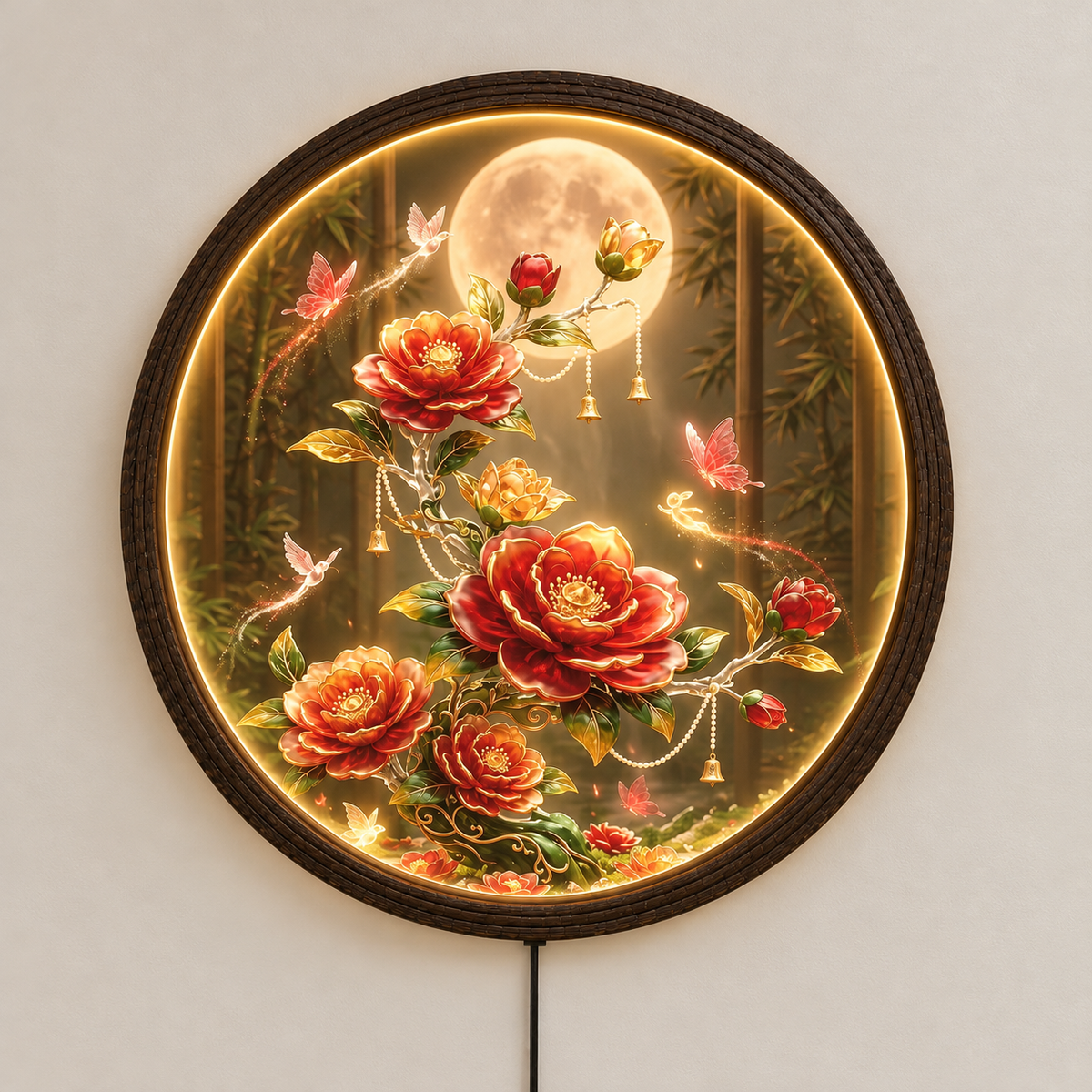Round LED Wall Lamp with Red Floral Art, Moonlight Design, Wooden Frame, Modern Decorative Wall Light