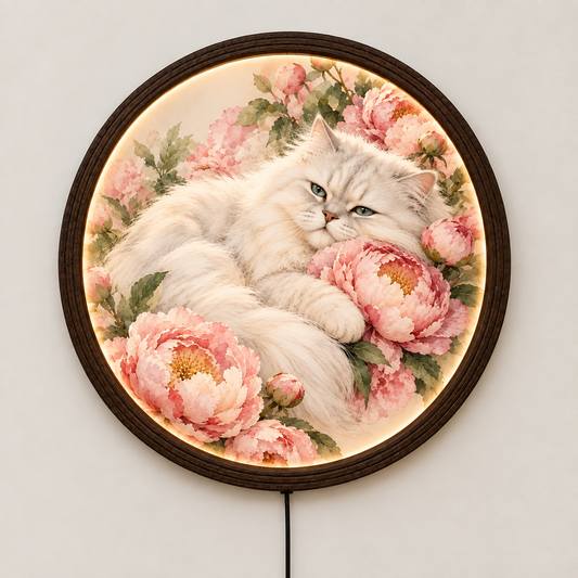 Persian Cat & Peony LED Round Wall Art – Illuminated Floral Home Decor