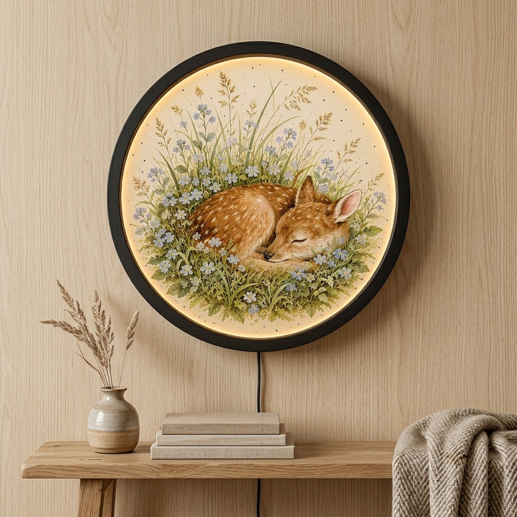 Sleeping Baby Fawn Backlit Wall Art - Round LED Illuminated Forest Deer Frame for Nursery & Living Room