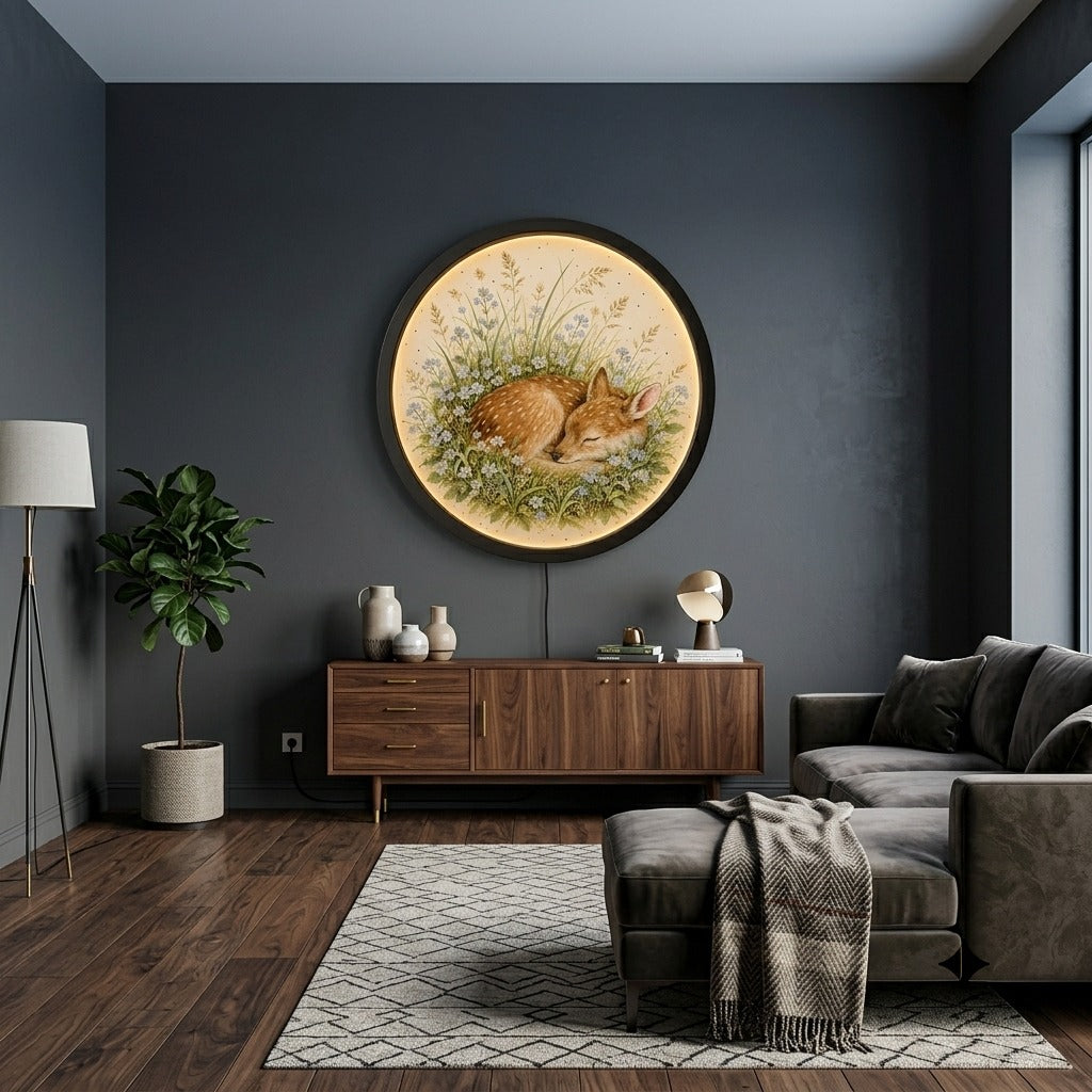 Sleeping Baby Fawn Backlit Wall Art - Round LED Illuminated Forest Deer Frame for Nursery & Living Room