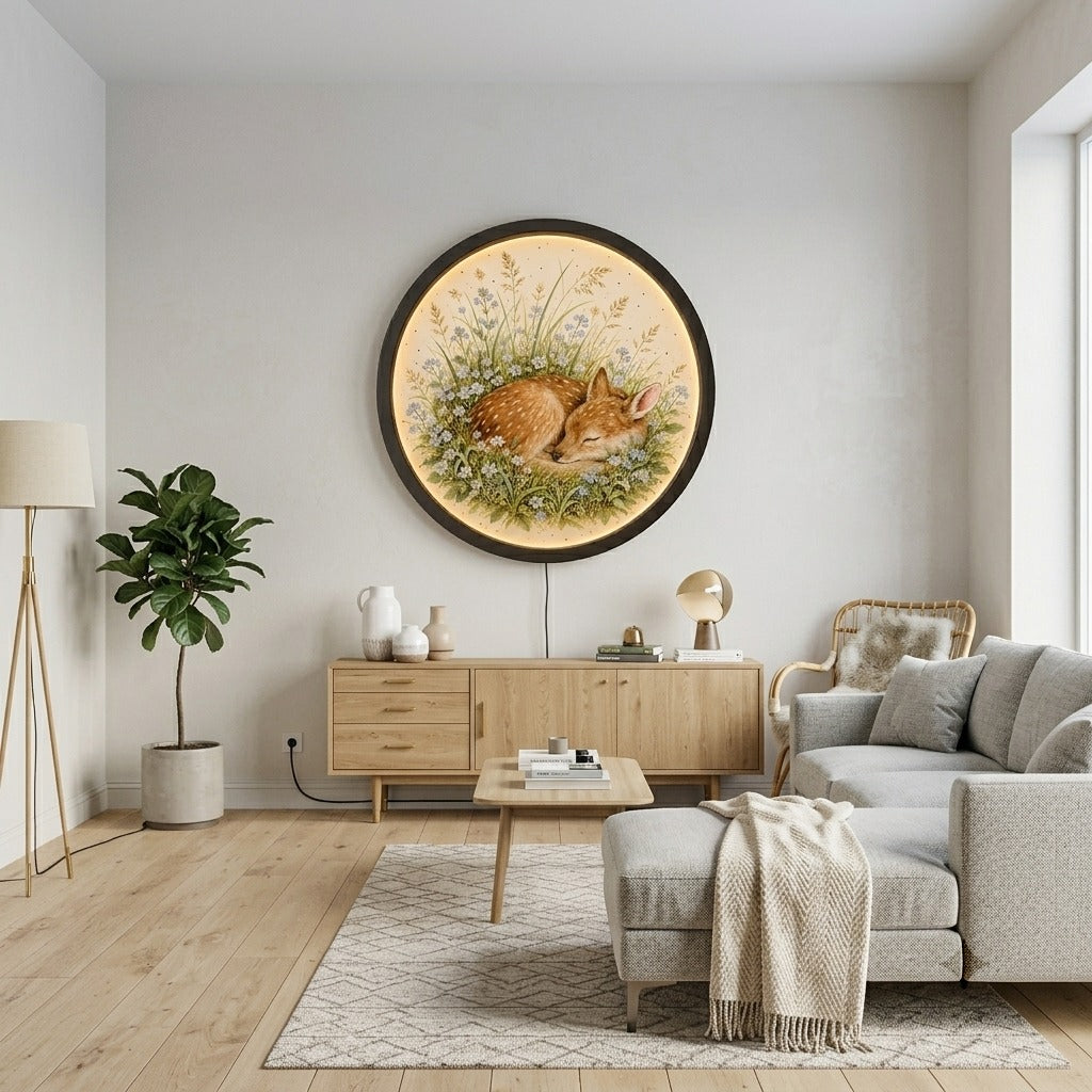 Sleeping Baby Fawn Backlit Wall Art - Round LED Illuminated Forest Deer Frame for Nursery & Living Room
