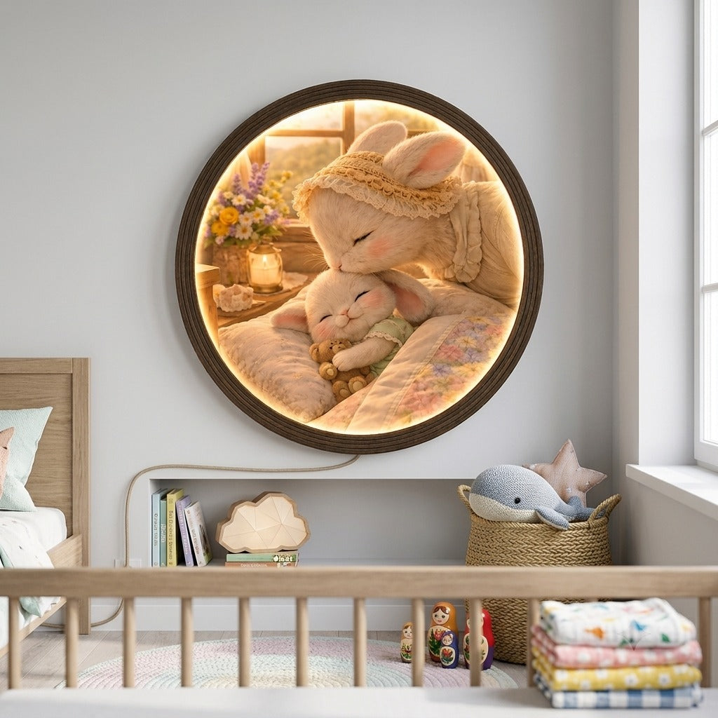 Cozy Bunny Mother & Baby Illuminated Round Wall Art | Cute Nursery LED Wall Light
