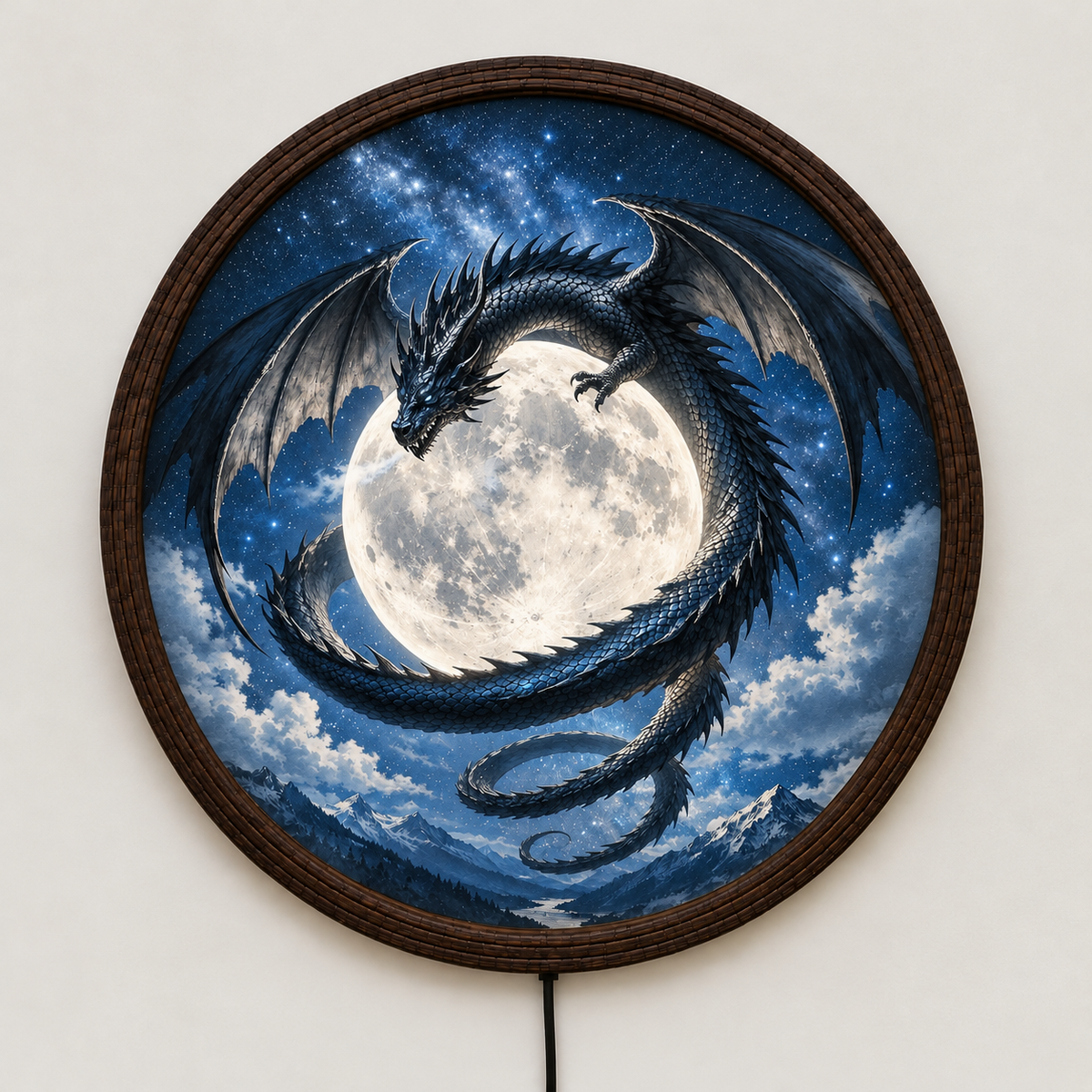 Dragon Moon LED Wall Art – Round Fantasy Dragon Light Decor