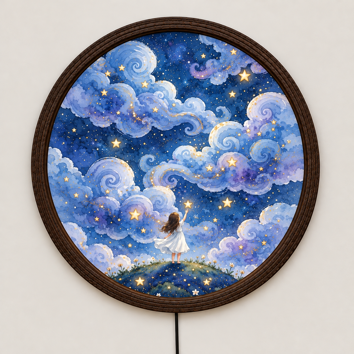 Glowing Starry Sky LED Wall Lamp, Round Celestial Wall Art with Wooden Frame, Dreamy Blue Cloud & Golden Star Home Decor