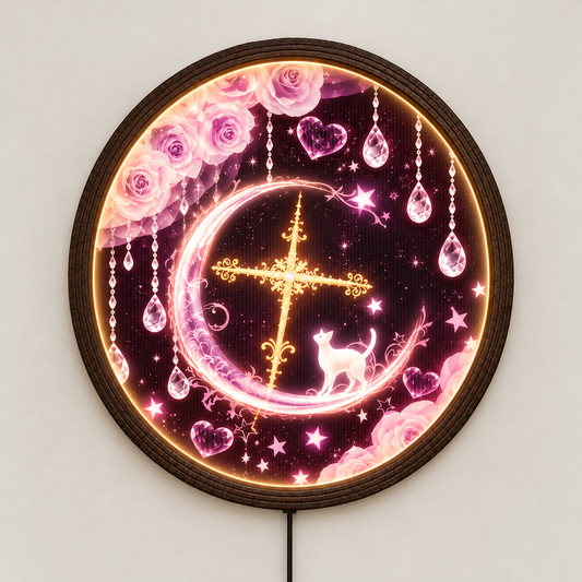 Enchanted Crescent Moon LED Wall Light, Pink Roses & Celestial Cat Round Wall Lamp, Fantasy Home Decor