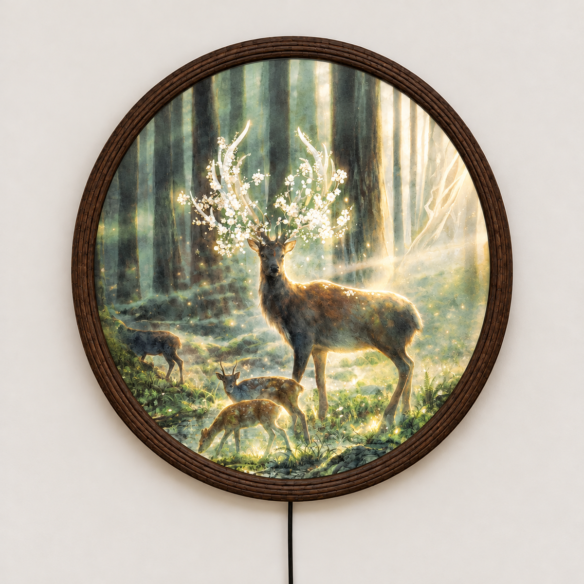 Round LED Deer Forest Wall Art – Illuminated Woodland Animal Wall Decor