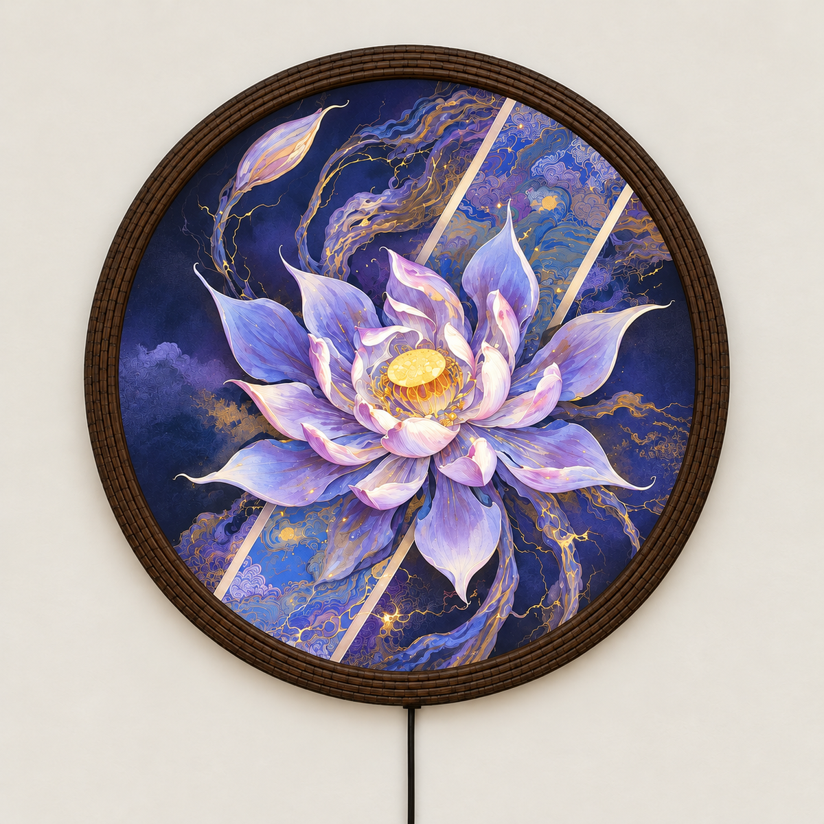 Purple Lotus LED Wall Art - Illuminated Round Floral Light Painting for Living Room & Sacred Space
