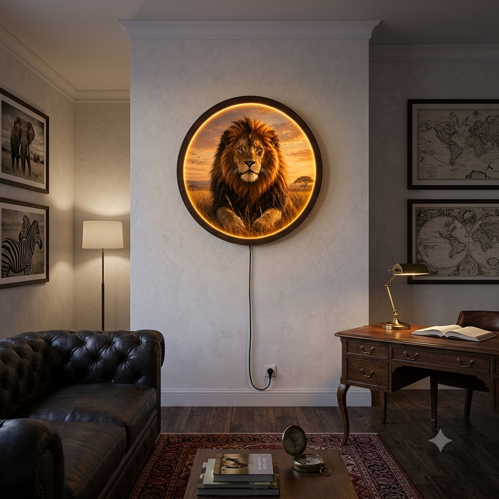 Round LED Backlit Majestic Lion Wall Art | Illuminated African Wildlife Sunset Wood Framed Decor
