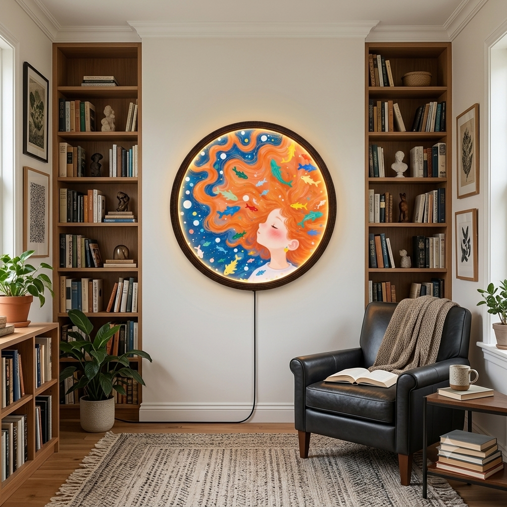 Mermaid Girl LED Wall Art – Round Illuminated Wall Decor