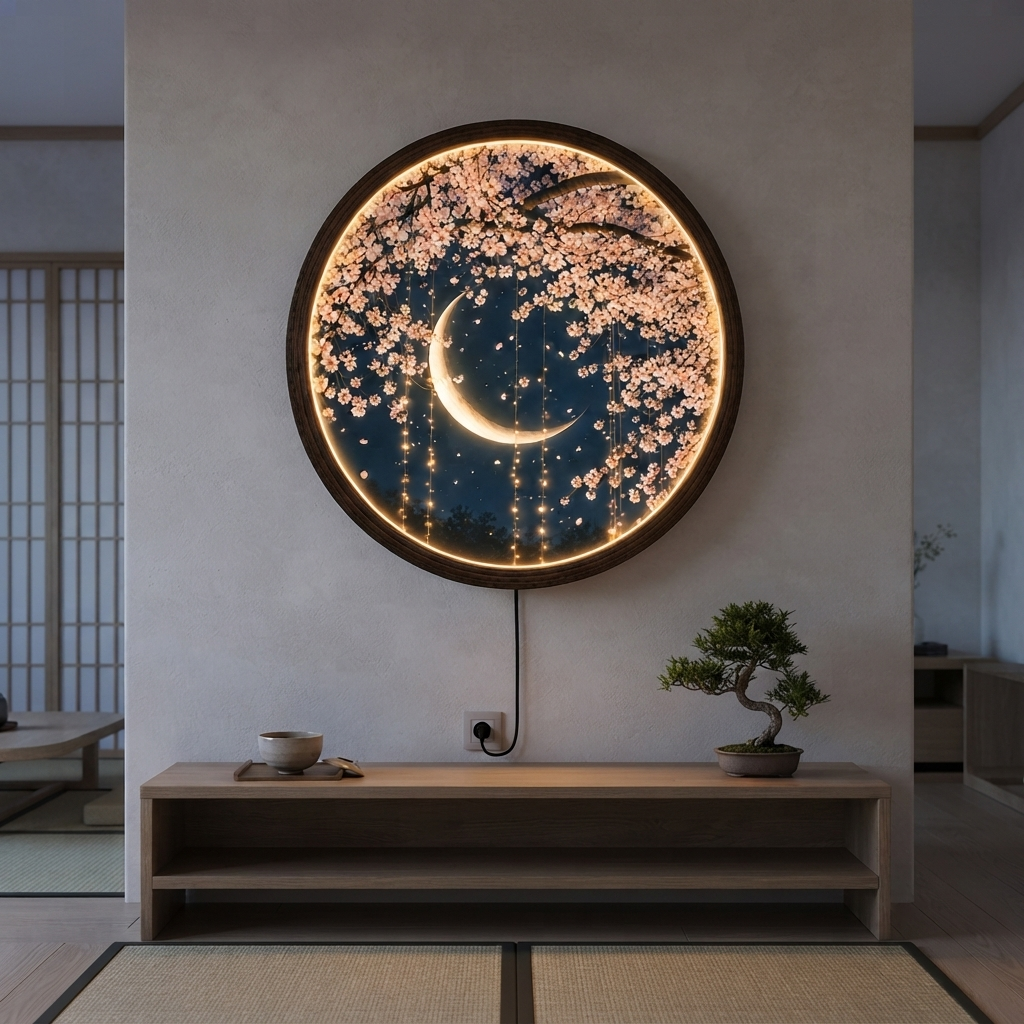 Illuminated Cherry Blossom Moon Wall Art – Round LED Lighted Wall Decor