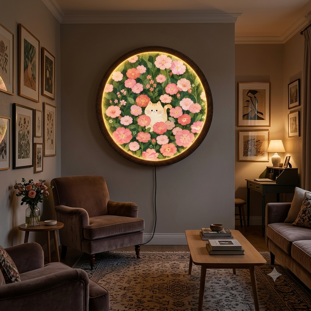 Floral Cat LED Wall Art – Round Illuminated Wall Decor, Pink Flower & Cat Home Accent