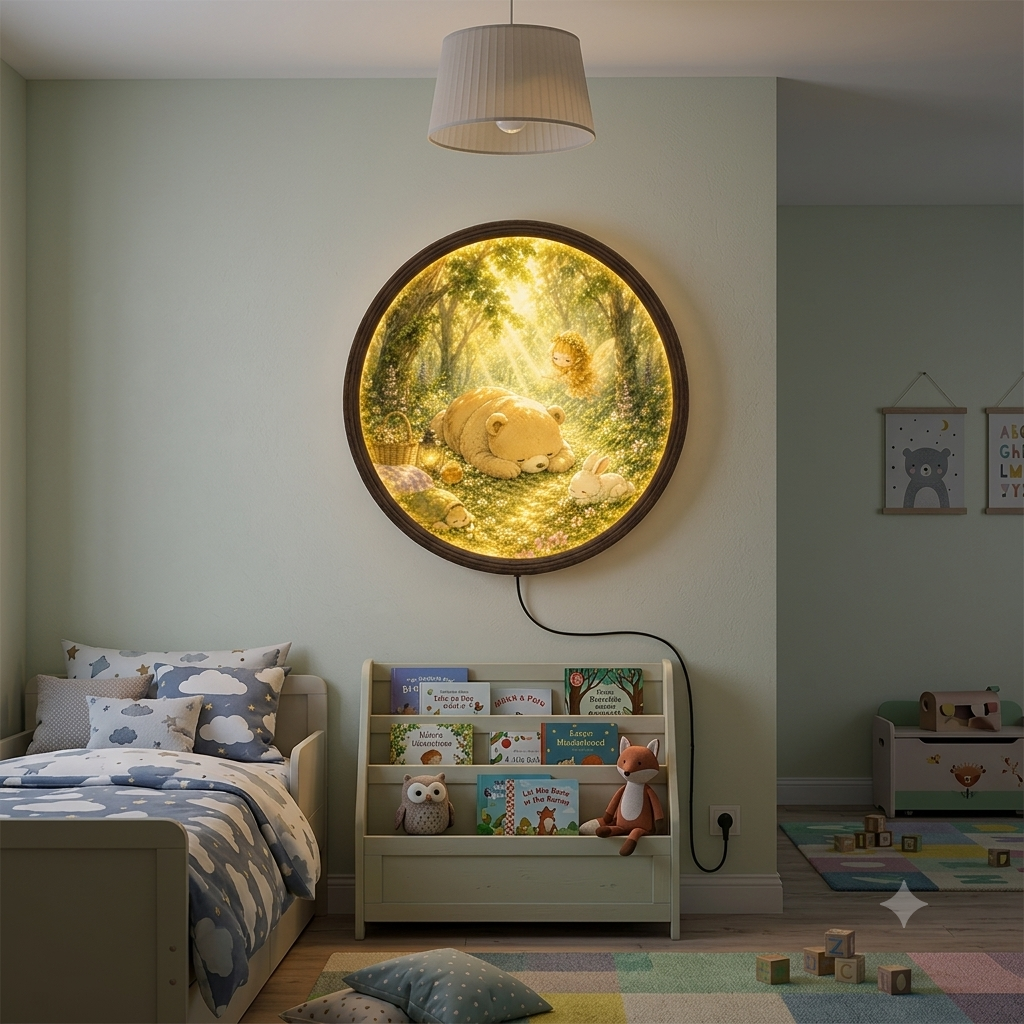 Enchanted Woodland Friends LED Round Wall Art – Fairy Bear & Bunny Forest Lighted Wall Decor