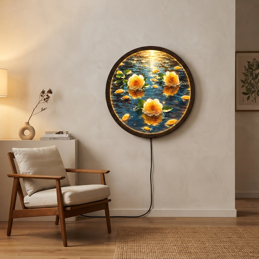Luminous Lotus Water LED Wall Art Lamp – Round Wooden Frame Home Decor