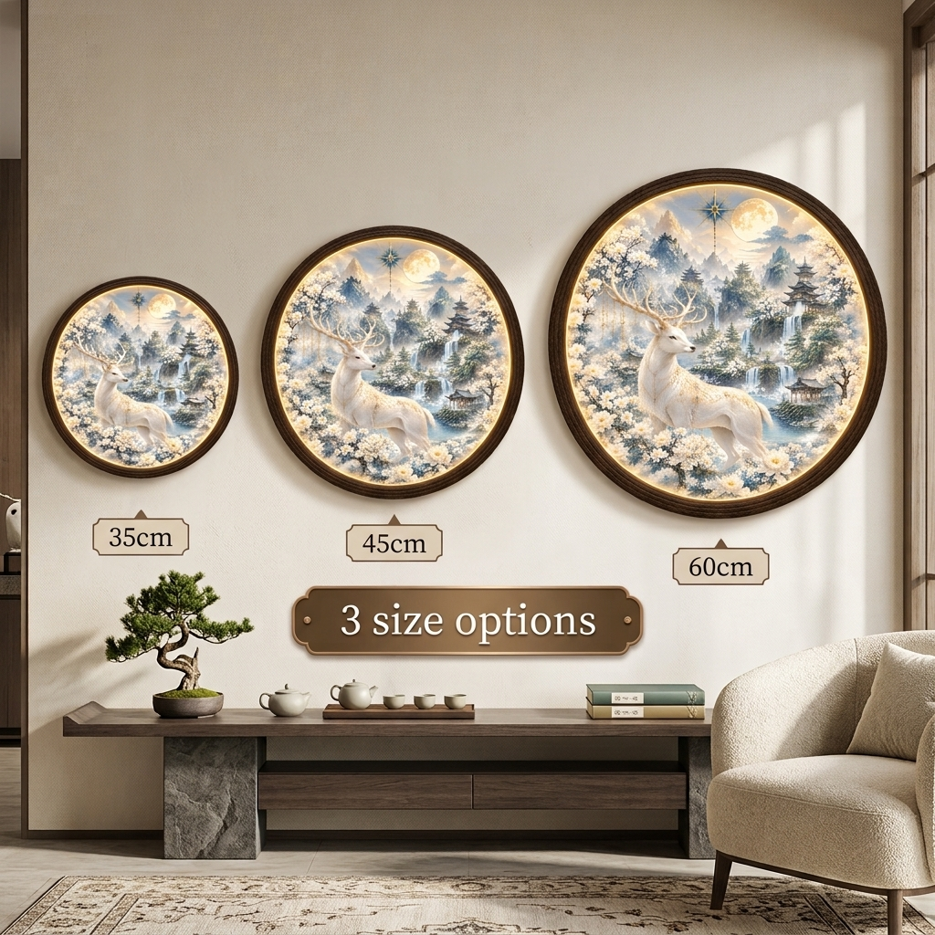 Enchanted White Deer LED Wall Lamp, Round Fantasy Landscape Light, Chinese Pagoda & Moon Home Decor