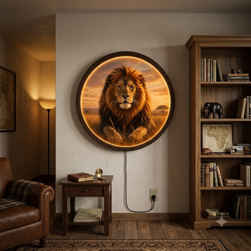 Round LED Backlit Majestic Lion Wall Art | Illuminated African Wildlife Sunset Wood Framed Decor